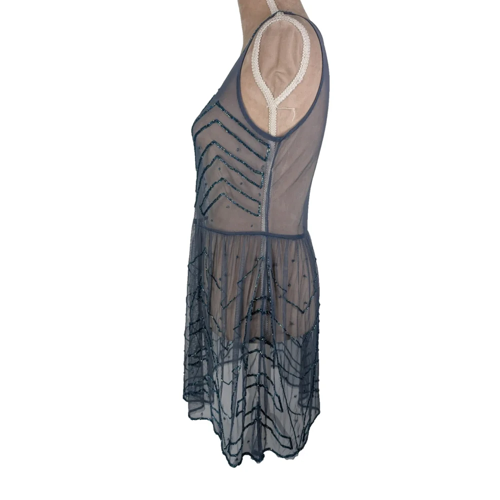 Two Free People Embellished Mesh Mini Dress XS Beaded Pink Blue Y2K Boho Glam